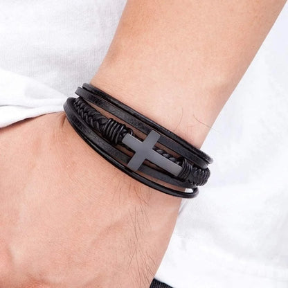 Cross Leather Bracelet for Men Women 316L Stainless Steel