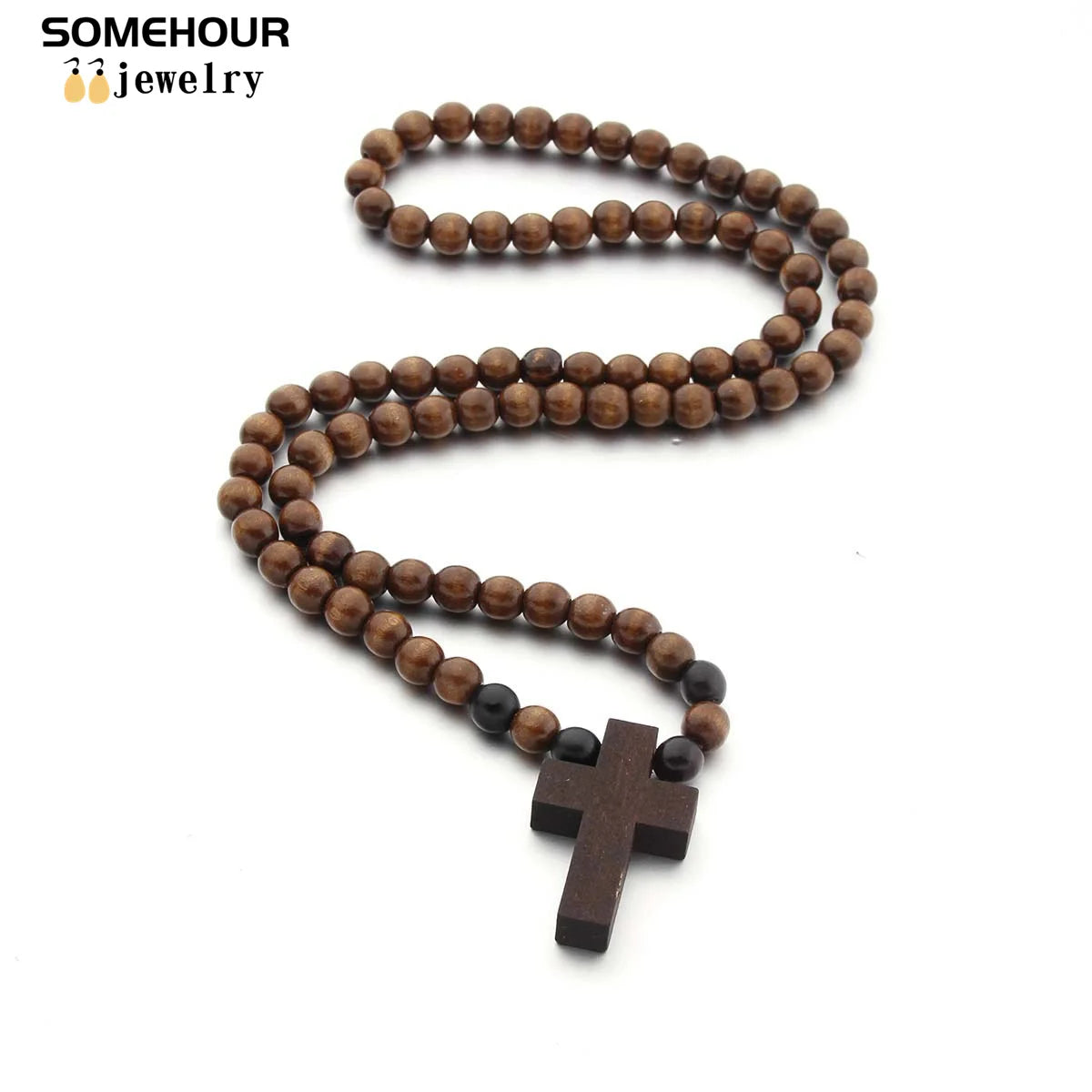 Vintage Cross Pendant and/or Bracelet 45cm Round Wood Beads