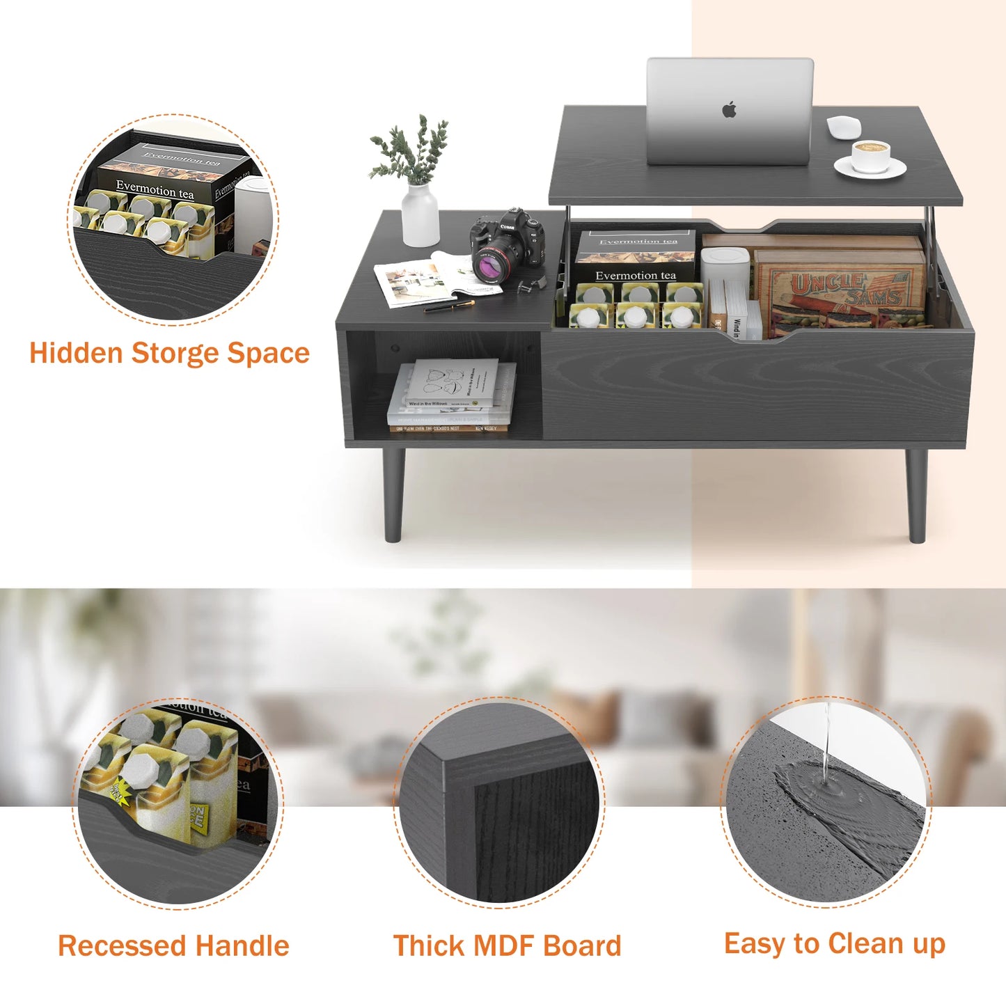 Coffee Table, Adjustable, Storage, Easy Lift Or Lower