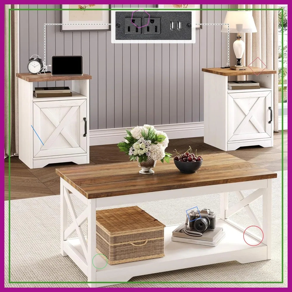 Farmhouse Coffee Table Set with Charging Station
