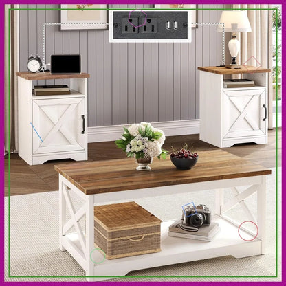 Farmhouse Coffee Table Set with Charging Station
