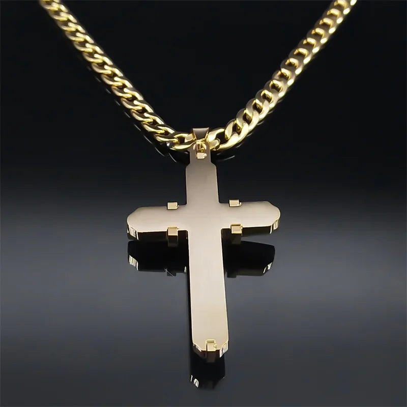 Cross Necklace - Stainless Steel Gold Plated Christian Long Necklaces