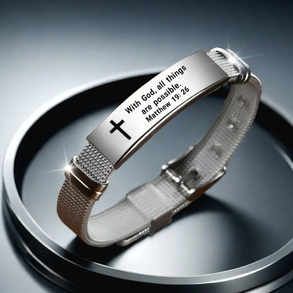 Adjustable Bible Verse Bracelet - Scripture Jewelry with Bible Verses, Christian Religious Gift for Women/Men - Adjustable Slider Clasp - Matthew 19:26 Inspired Design