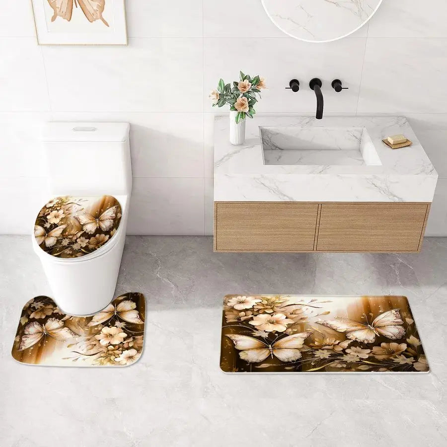 4 Pcs Brown Floral Butterfly Shower Curtain Set with Non Slip Rugs