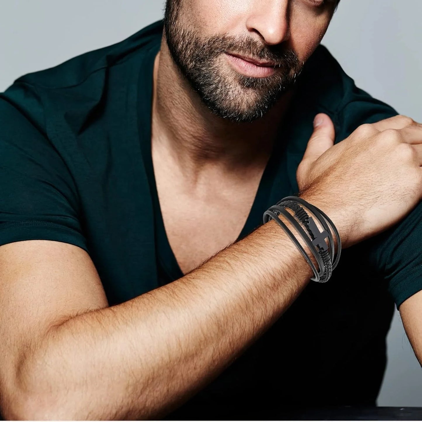 Cross Leather Bracelet for Men Women 316L Stainless Steel