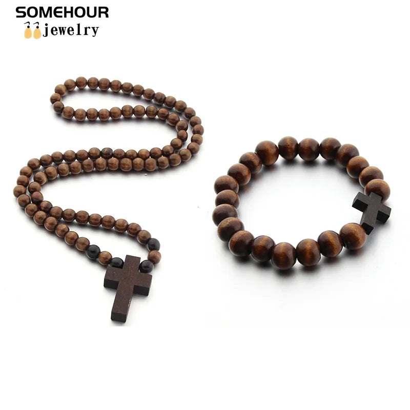Vintage Cross Pendant and/or Bracelet 45cm Round Wood Beads