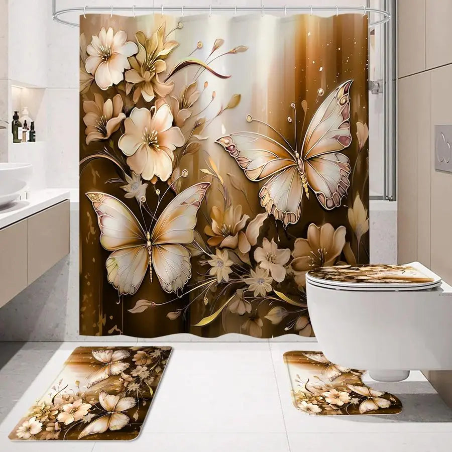 4 Pcs Brown Floral Butterfly Shower Curtain Set with Non Slip Rugs