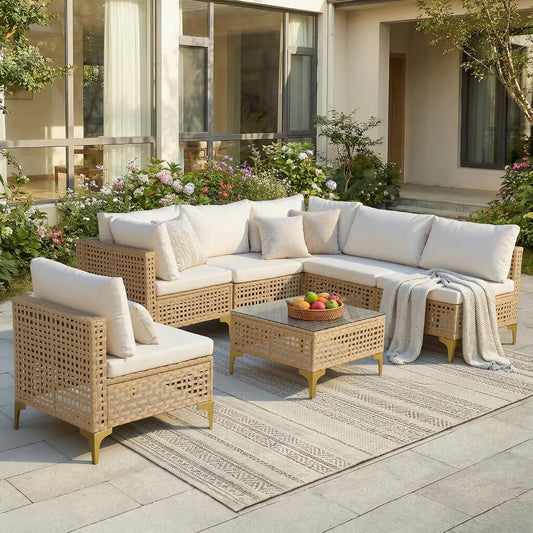 7-Piece Wicker Patio Sectional Sofa with Cushions & Glass Coffee Table
