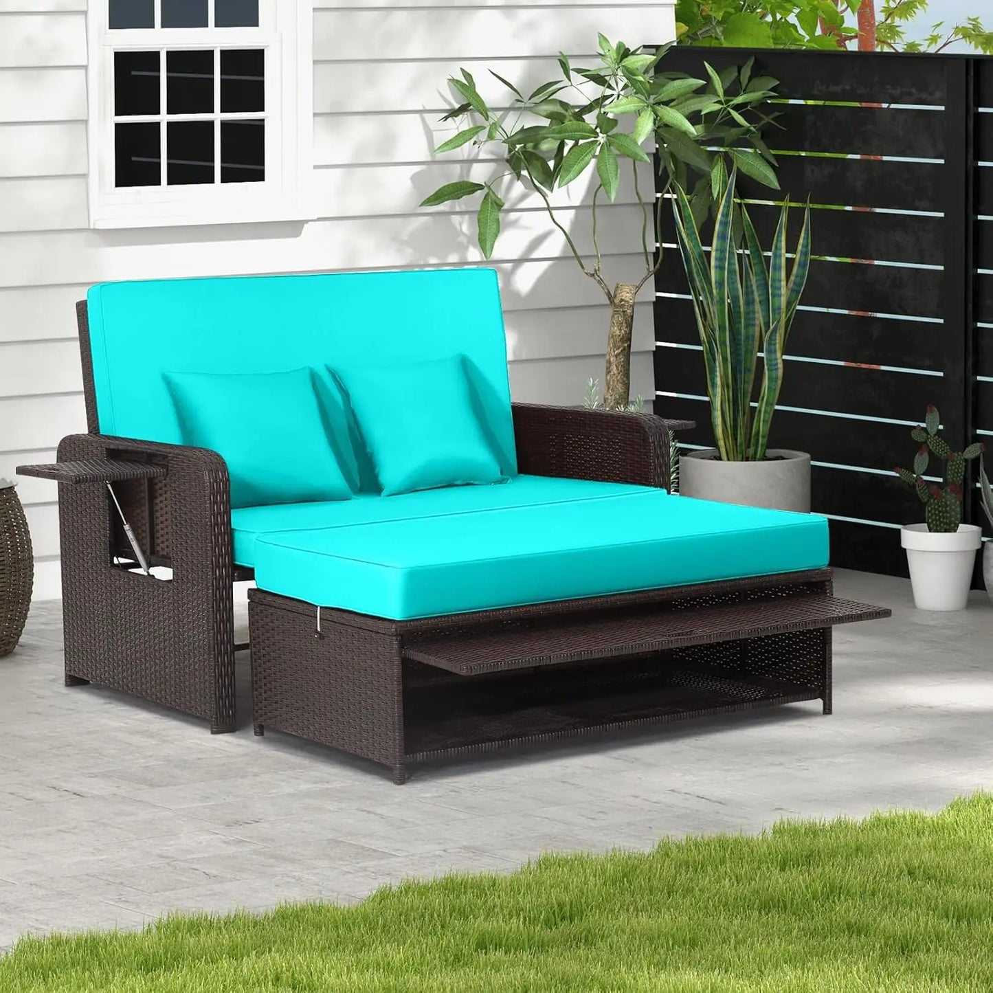 Wicker Loveseat Sofa Set with 4-Postion Adjustable Backrest, Storage Ottoman