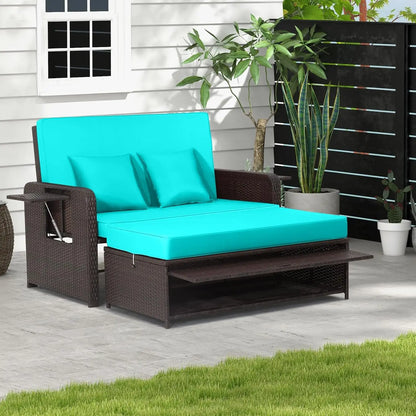 Wicker Loveseat Sofa Set with 4-Postion Adjustable Backrest, Storage Ottoman