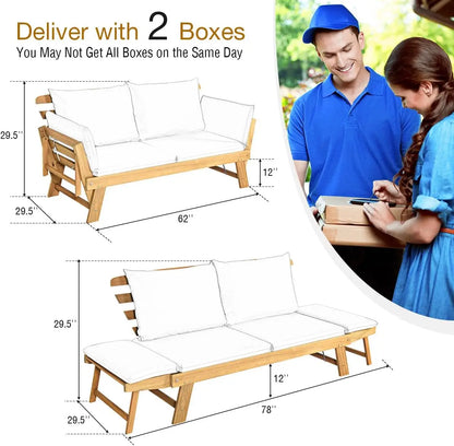 Convertible Acacia Wood Patio Couch Sofa Bed