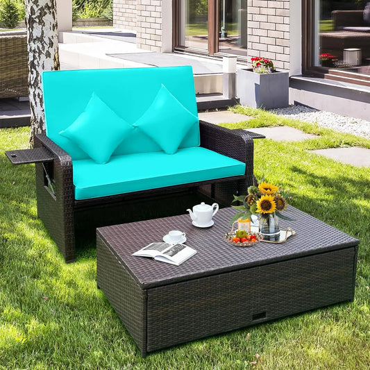 Wicker Loveseat Sofa Set with 4-Postion Adjustable Backrest, Storage Ottoman