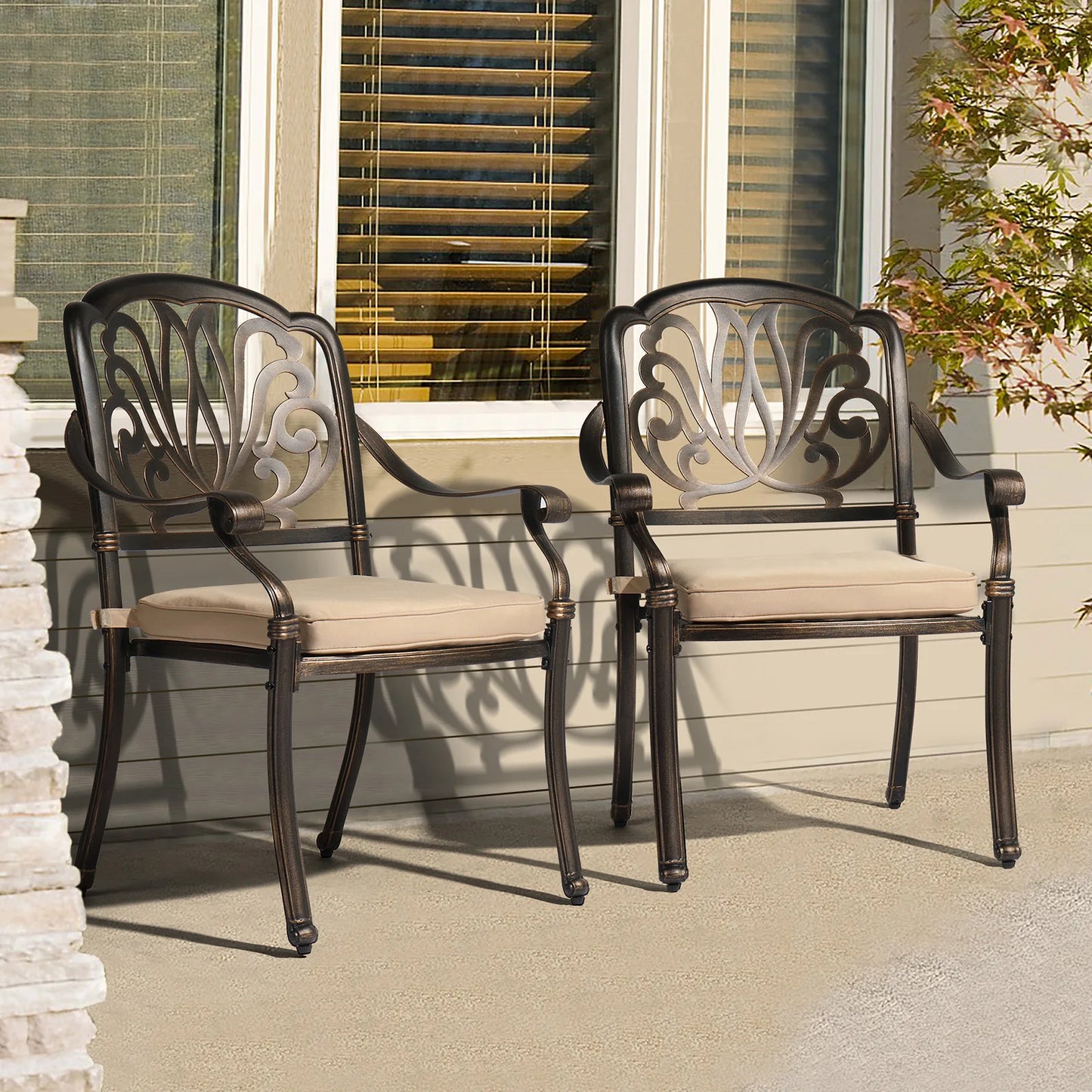 2 Cast Aluminum Patio Chairs with Cushions, Stackable