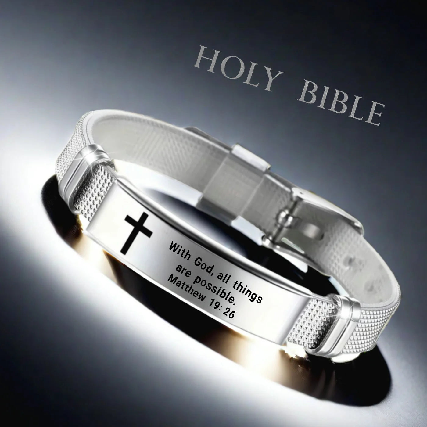 Adjustable Bible Verse Bracelet - Scripture Jewelry with Bible Verses, Christian Religious Gift for Women/Men - Adjustable Slider Clasp - Matthew 19:26 Inspired Design