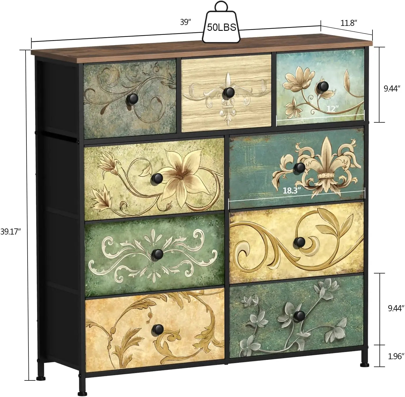 Floral Dresser with Wooden Top
