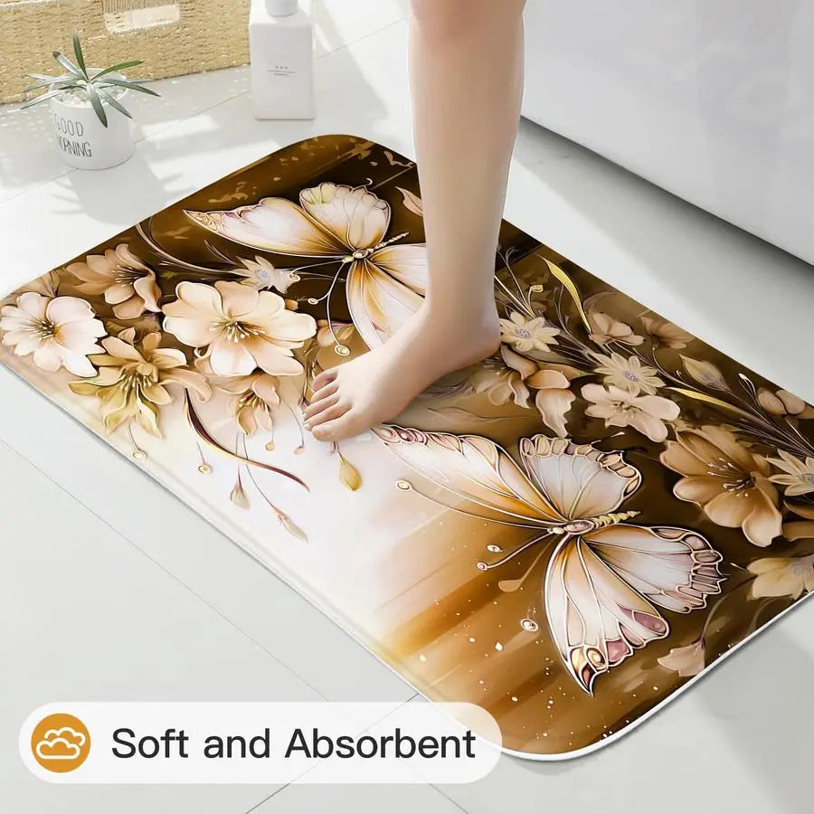 4 Pcs Brown Floral Butterfly Shower Curtain Set with Non Slip Rugs