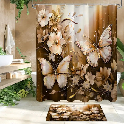 4 Pcs Brown Floral Butterfly Shower Curtain Set with Non Slip Rugs