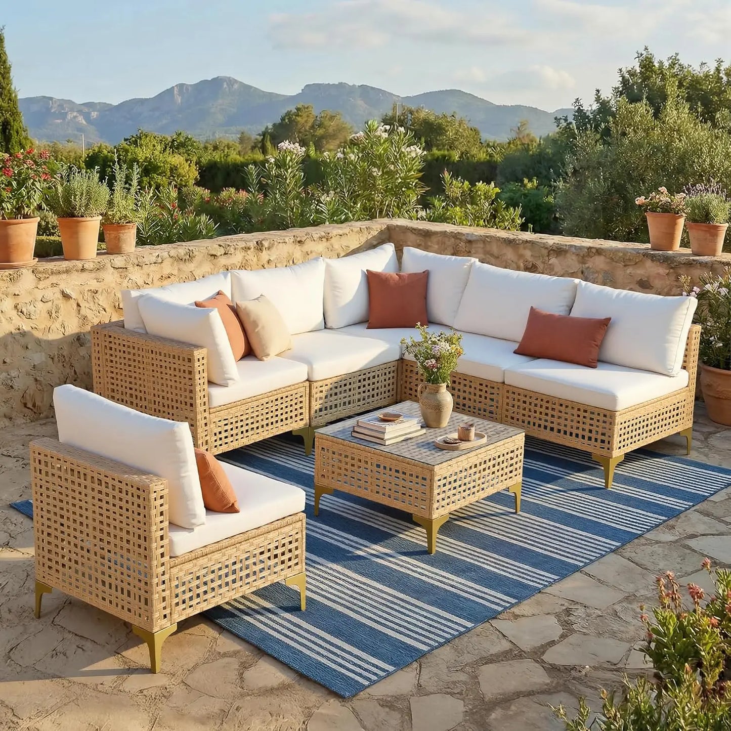 7-Piece Wicker Patio Sectional Sofa with Cushions & Glass Coffee Table