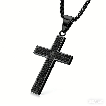 Black Stainless Steel Cross Pendant Engraved Lord's Prayer