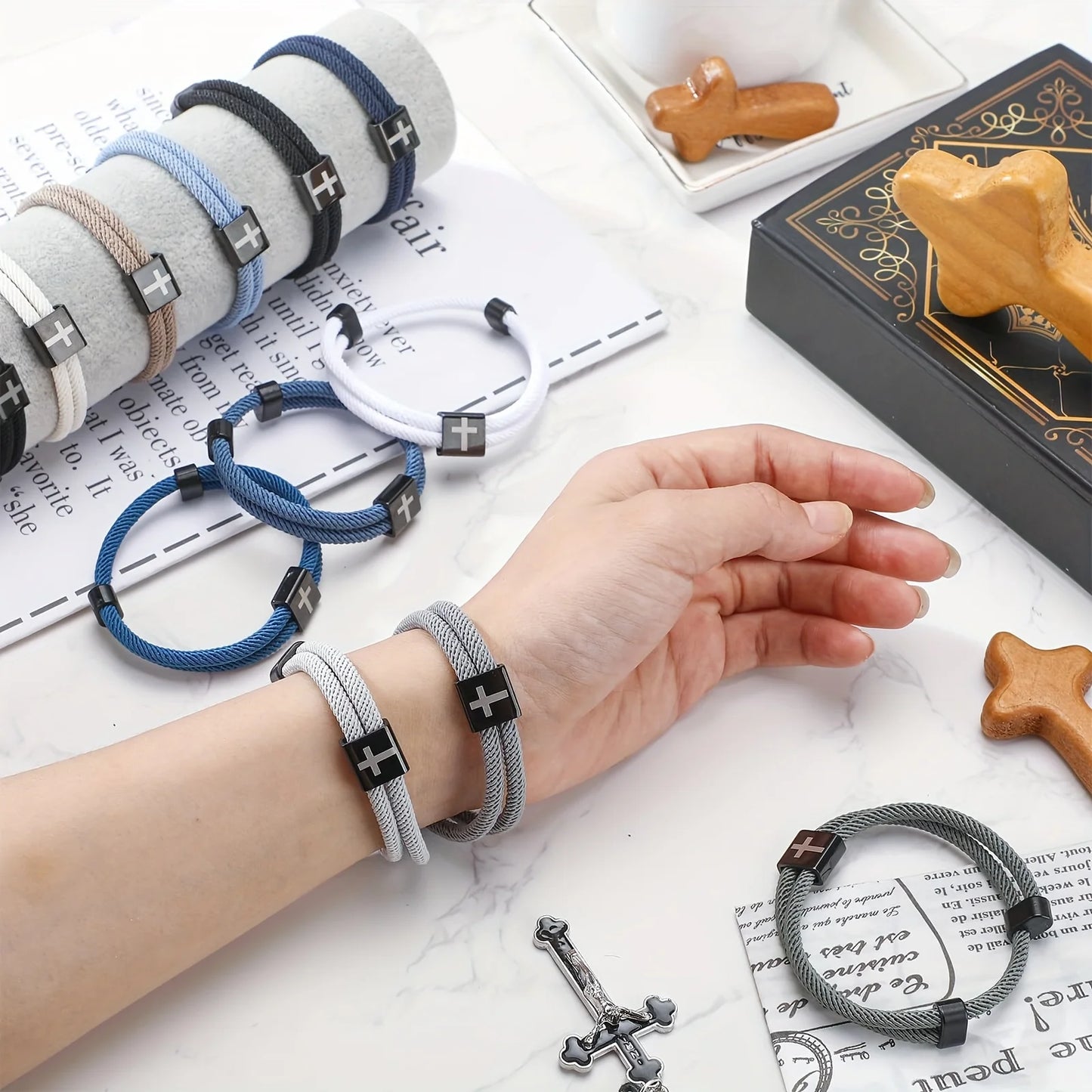 13pcs Braided Cross Bracelet, Adjustable Rope