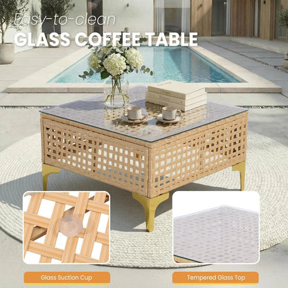 7-Piece Wicker Patio Sectional Sofa with Cushions & Glass Coffee Table