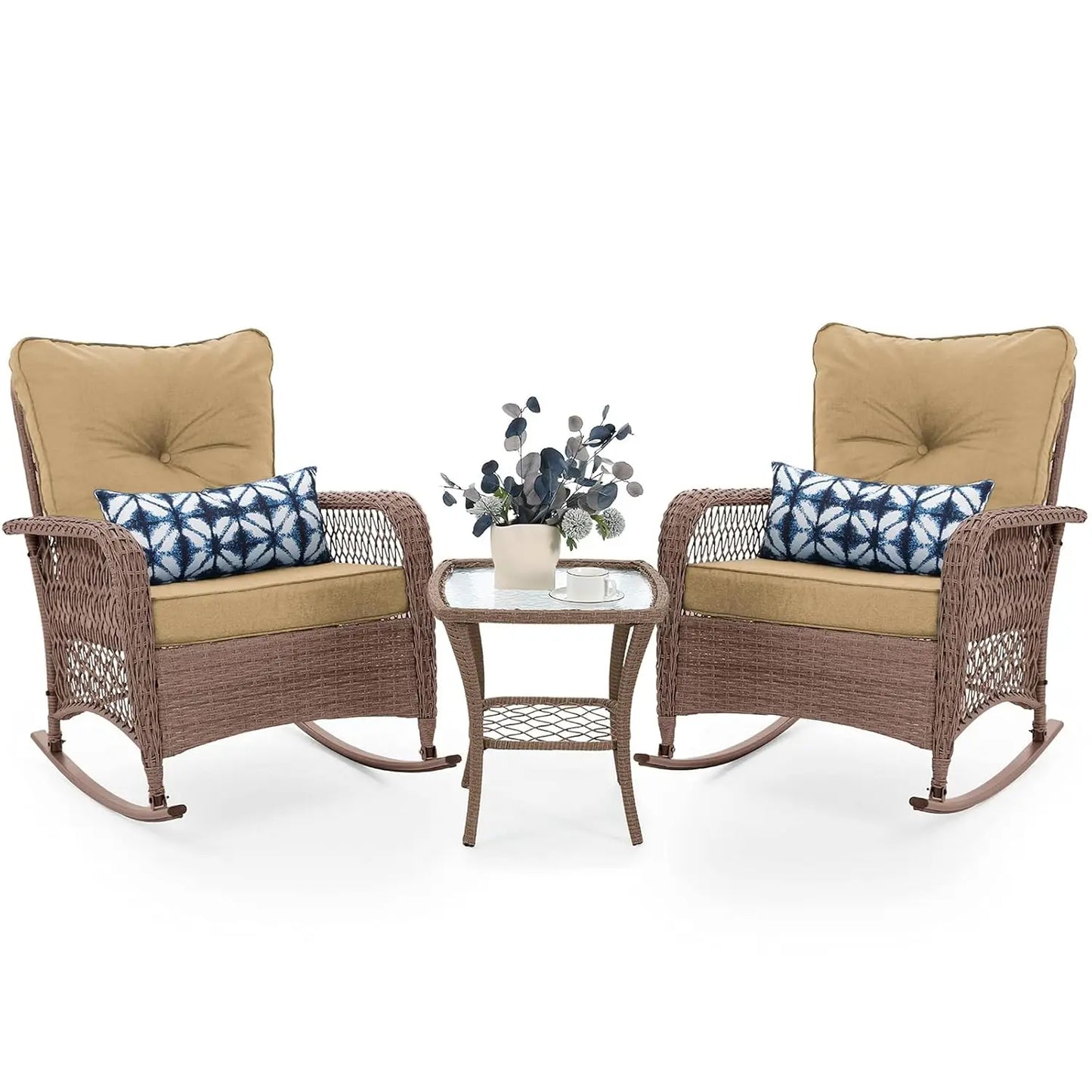 3 Piece Wicker Rocking Bistro Set Cushioned Side Table Backyard Porch Balcony Poolside 4in Thick, Customized