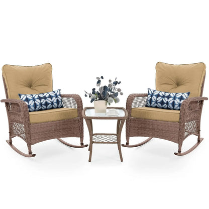 3 Piece Wicker Rocking Bistro Set Cushioned Side Table Backyard Porch Balcony Poolside 4in Thick, Customized