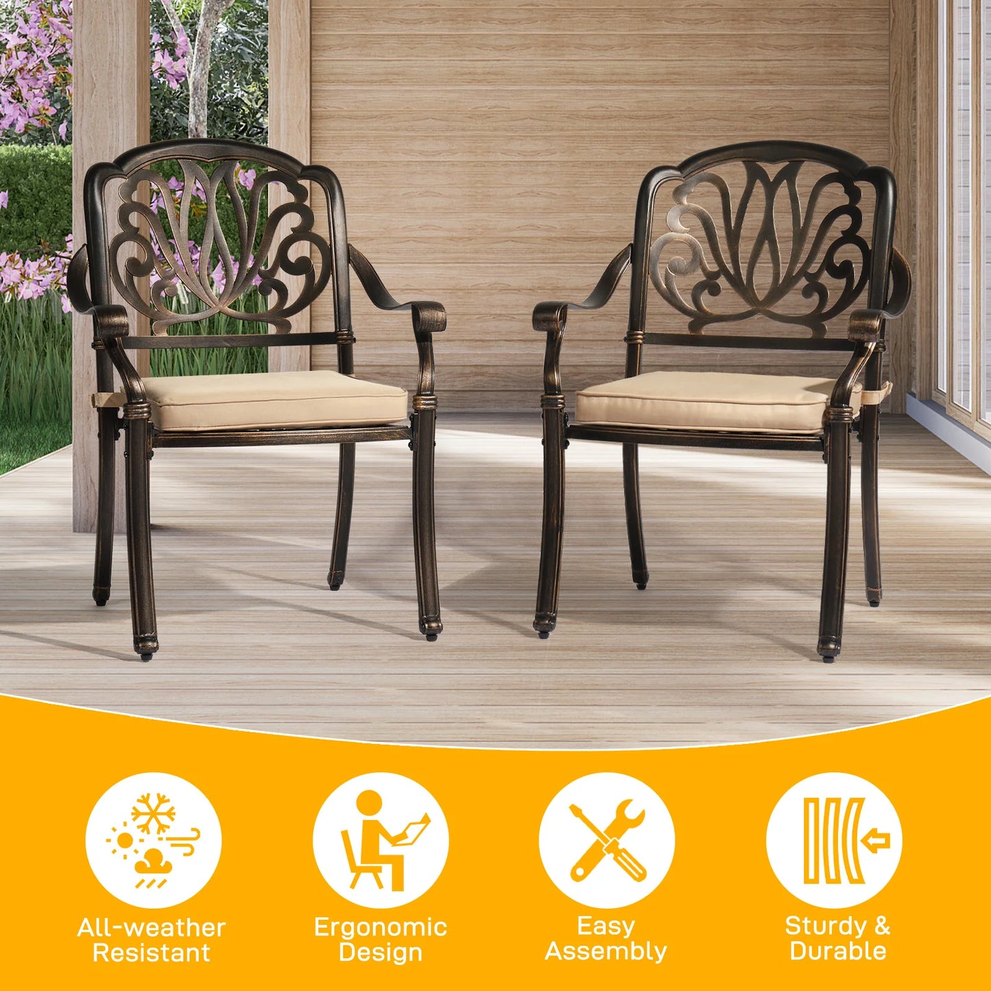 2 Cast Aluminum Patio Chairs with Cushions, Stackable