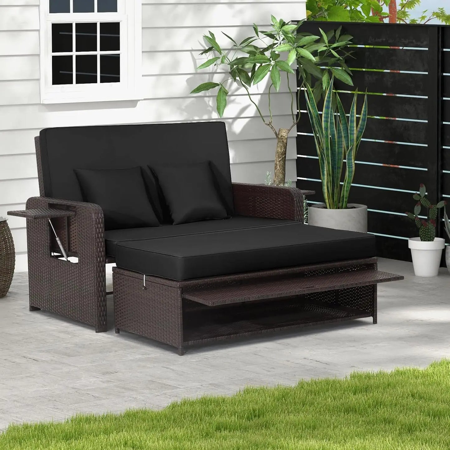 Wicker Loveseat Sofa Set with 4-Postion Adjustable Backrest, Storage Ottoman