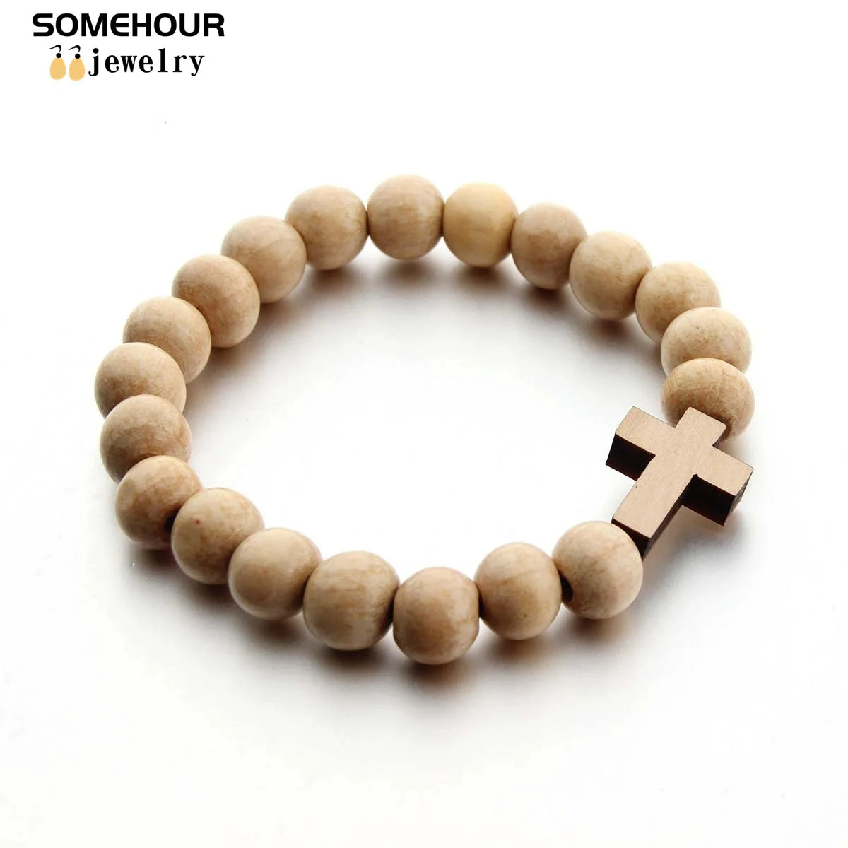 Vintage Cross Pendant and/or Bracelet 45cm Round Wood Beads