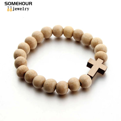 Vintage Cross Pendant and/or Bracelet 45cm Round Wood Beads