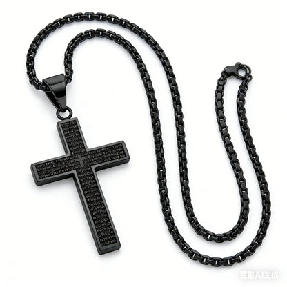 Black Stainless Steel Cross Pendant Engraved Lord's Prayer