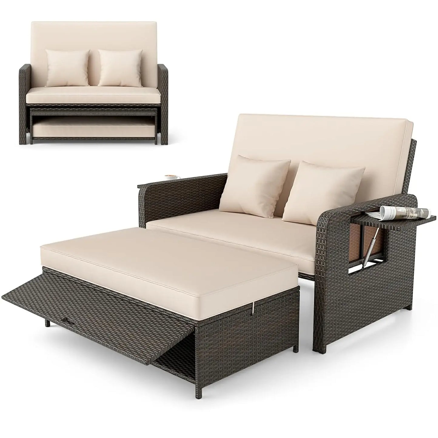Wicker Loveseat Sofa Set with 4-Postion Adjustable Backrest, Storage Ottoman