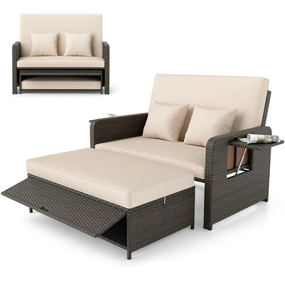 Wicker Loveseat Sofa Set with 4-Postion Adjustable Backrest, Storage Ottoman