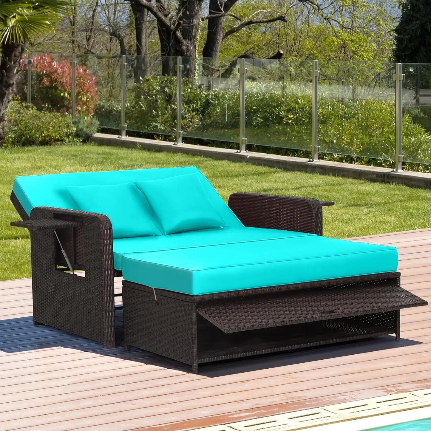 Wicker Loveseat Sofa Set with 4-Postion Adjustable Backrest, Storage Ottoman