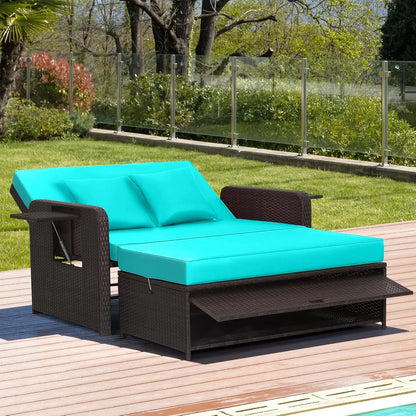 Wicker Loveseat Sofa Set with 4-Postion Adjustable Backrest, Storage Ottoman
