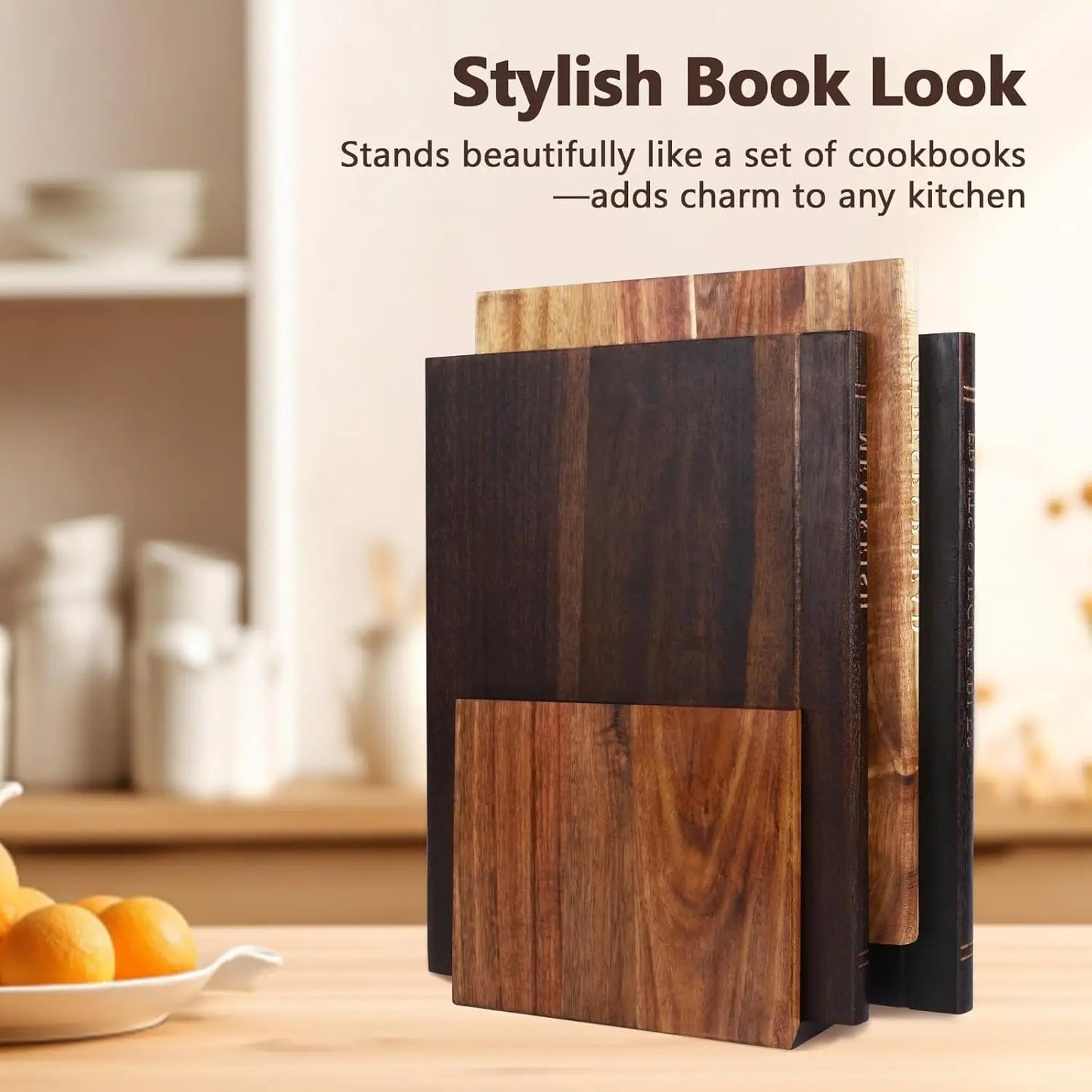 Book Cutting Board Set Of 3 with Stand, Solid Acacia