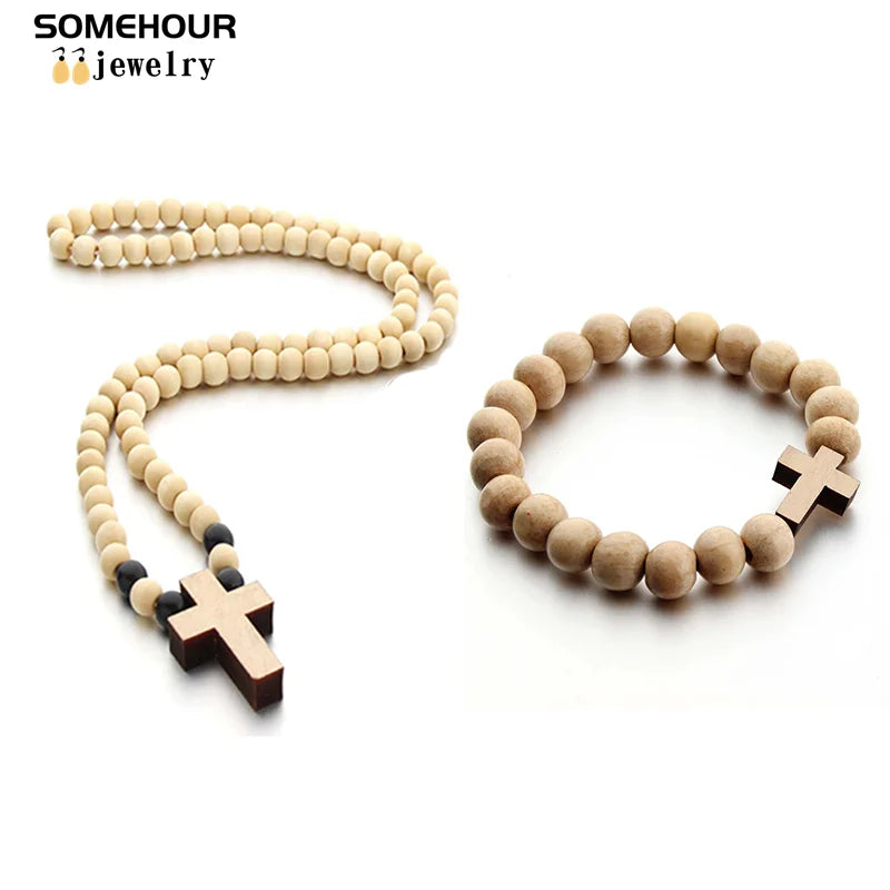 Vintage Cross Pendant and/or Bracelet 45cm Round Wood Beads