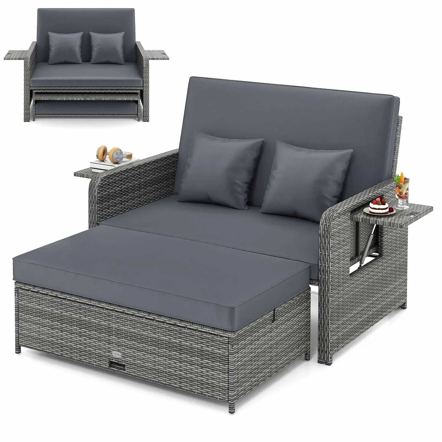 Wicker Loveseat Sofa Set with 4-Postion Adjustable Backrest, Storage Ottoman