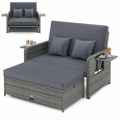 Wicker Loveseat Sofa Set with 4-Postion Adjustable Backrest, Storage Ottoman