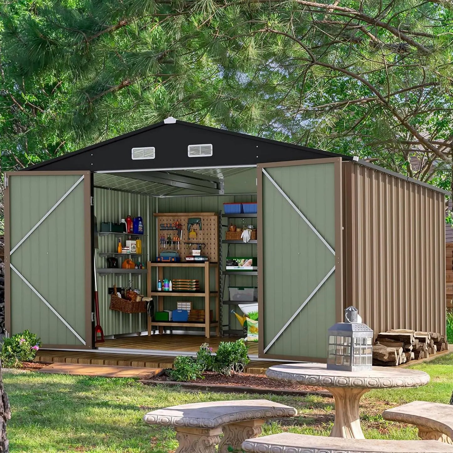 FT Metal Storage Shed, Large Outdoor Garden Shed with Lockable Door