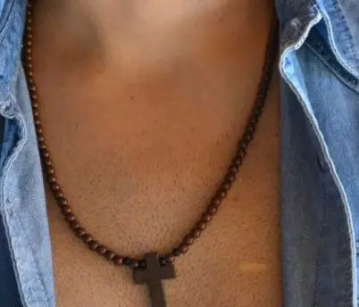 Vintage Cross Pendant and/or Bracelet 45cm Round Wood Beads