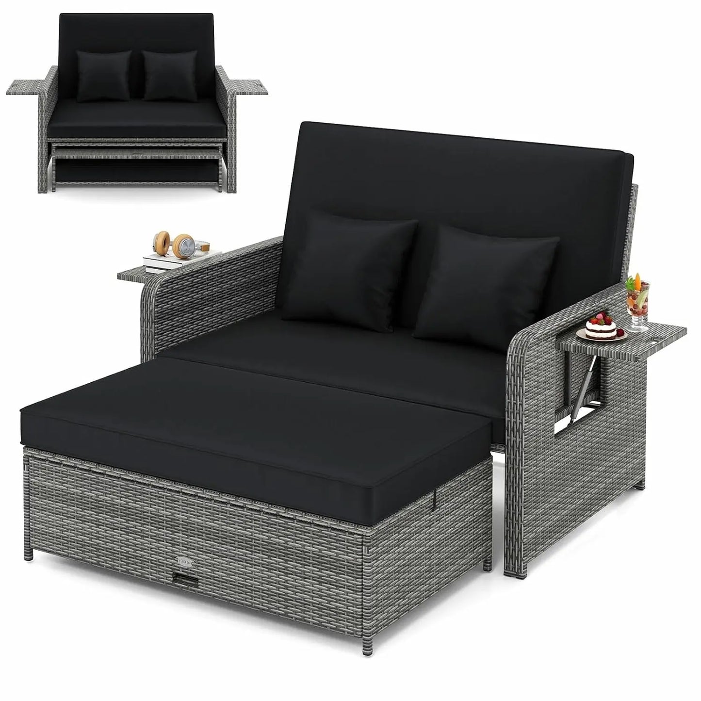 Wicker Loveseat Sofa Set with 4-Postion Adjustable Backrest, Storage Ottoman