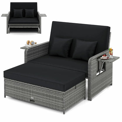 Wicker Loveseat Sofa Set with 4-Postion Adjustable Backrest, Storage Ottoman