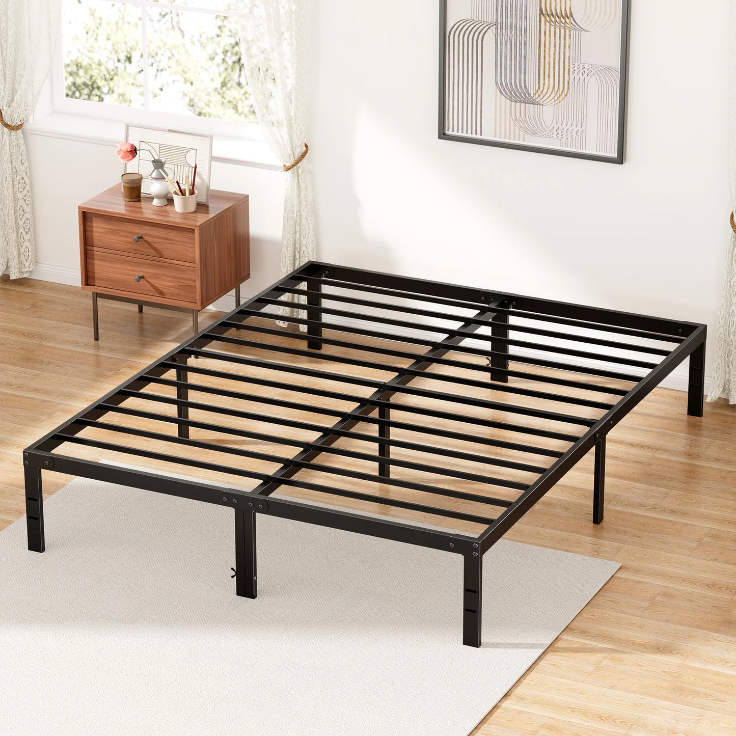 Basic Metal Platform Bed Frame Steel Slat Support 350LBS