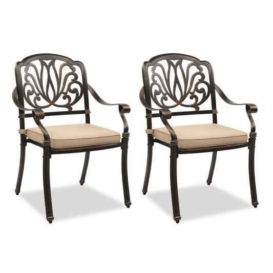 2 Cast Aluminum Patio Chairs with Cushions, Stackable
