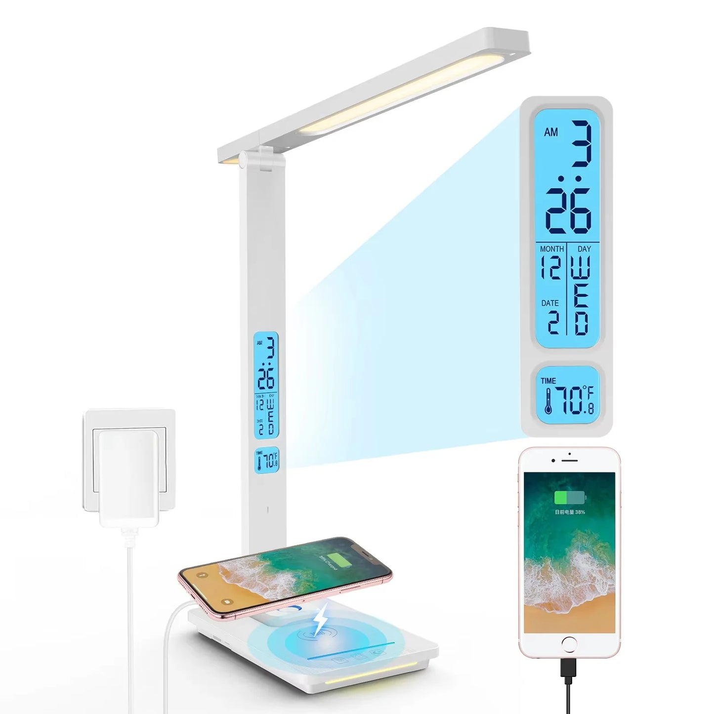 10W Wireless LED Desk Lamp USB Charging Port, Dimmable