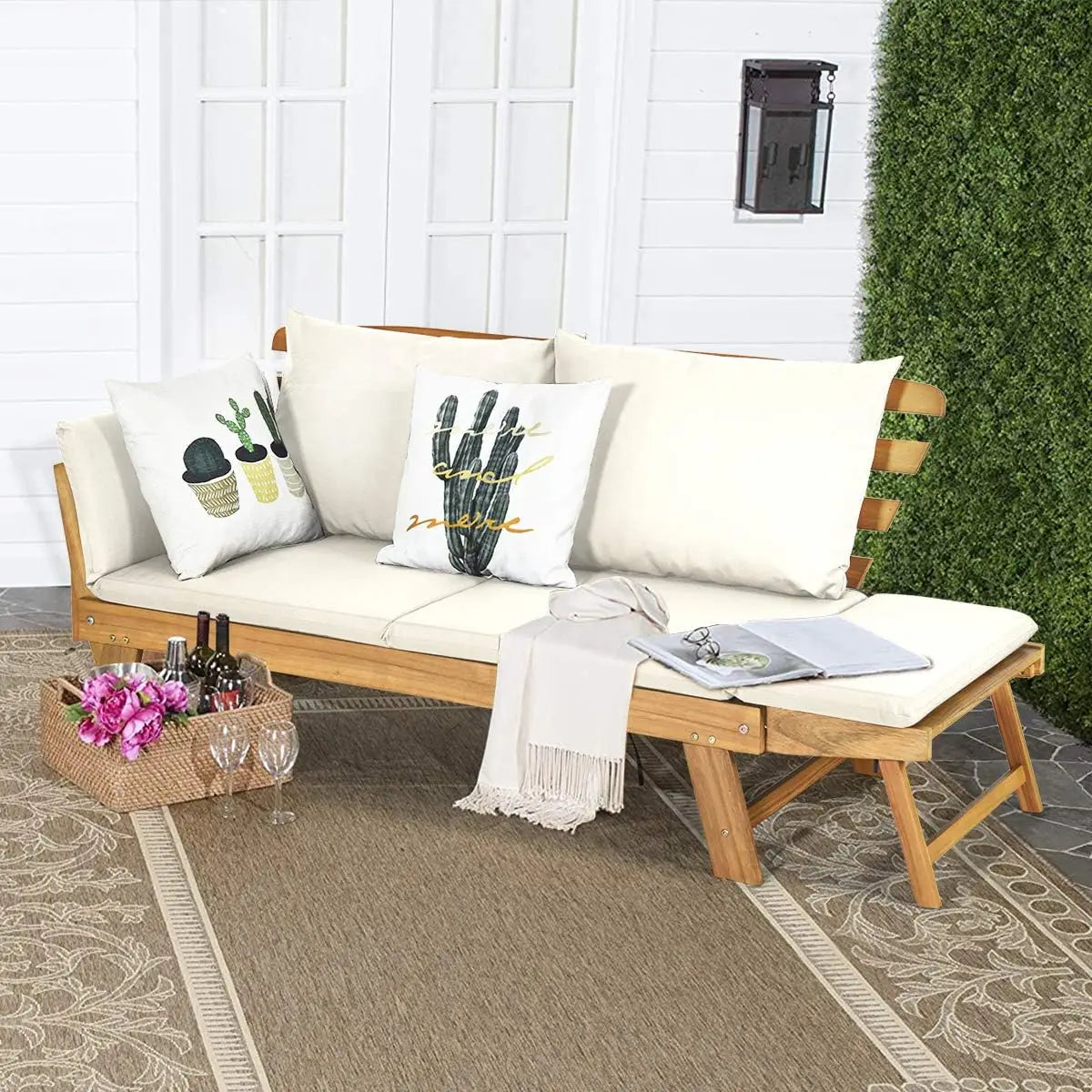 Convertible Acacia Wood Patio Couch Sofa Bed