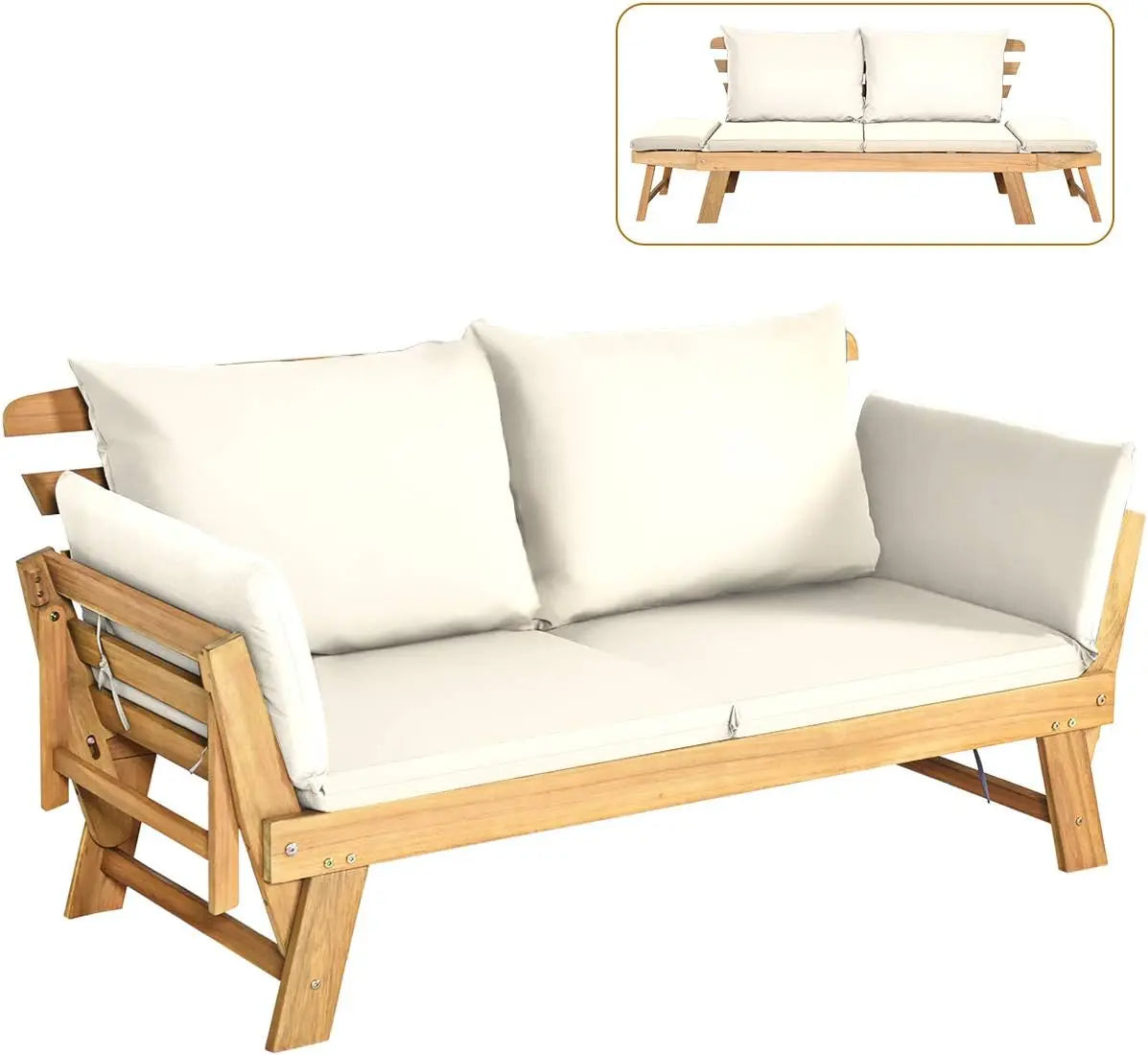 Convertible Acacia Wood Patio Couch Sofa Bed