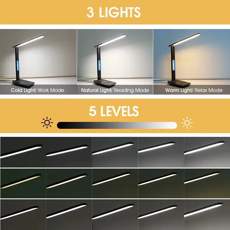 10W Wireless LED Desk Lamp USB Charging Port, Dimmable